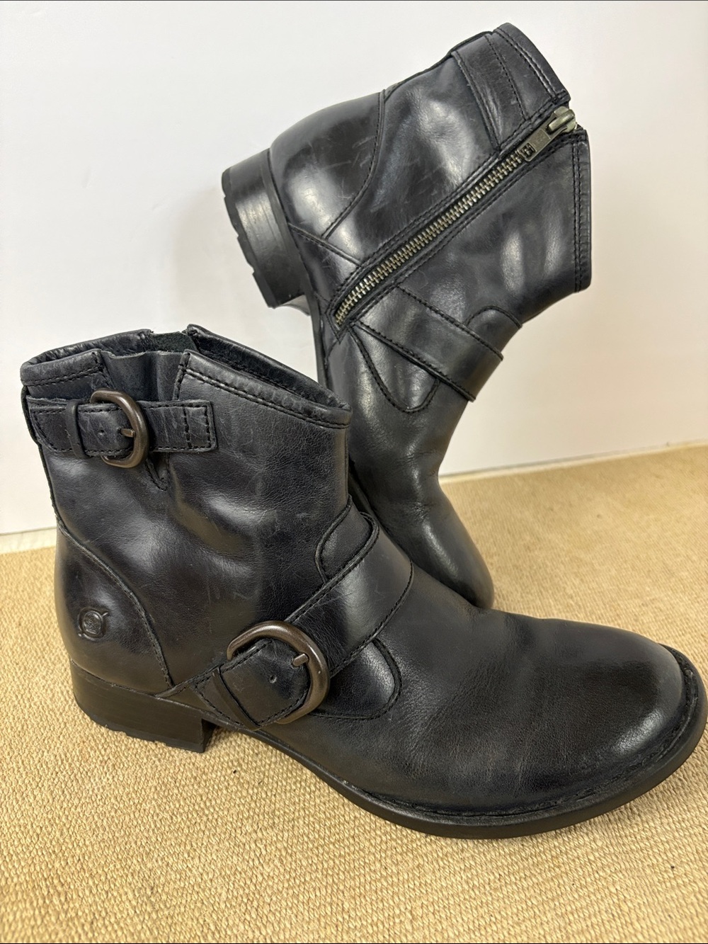 Born Black Leather Ankle Booties with Buckle and Side Zip